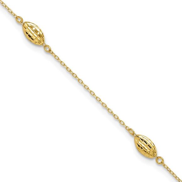 14k Yellow Gold Polished Puffed Rice Bead 9in Plus 1in ext. Anklet